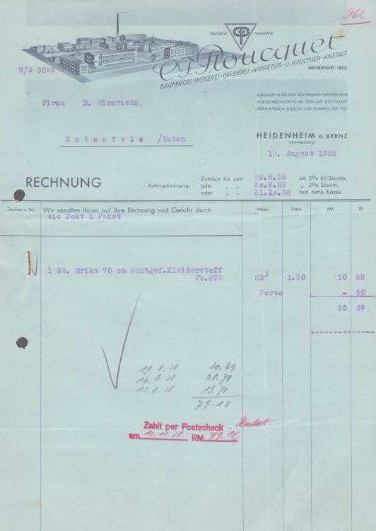 C. F. Ploucquet Baumwoll-Weberei - Rechnung - 19.08.1938