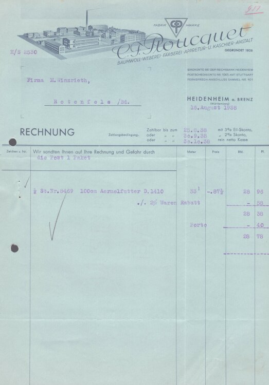 C. F. Ploucquet Baumwoll-Weberei - Rechnung - 16.08.1938