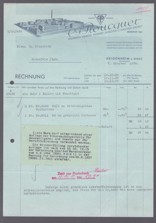 C. F. Ploucquet Baumwoll-Weberei - Rechnung - 07.10.1938