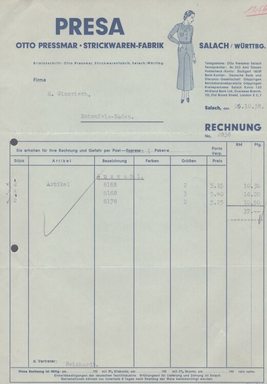 Presa Otto Pressmar Strickwarenfabrik - Rechnung - 26.10.1938