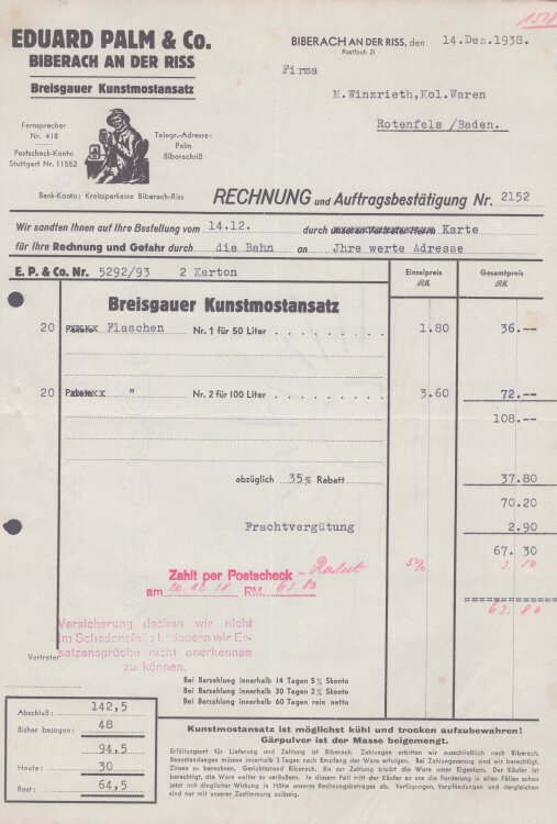 Eduard Palm & Co - Rechnung - 14.12.1938