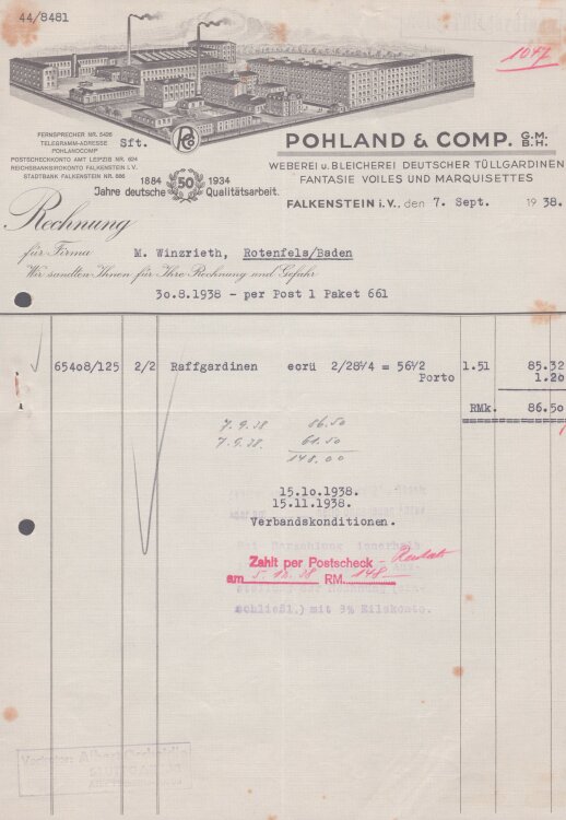 Pohland & Companie GmbH - Rechnung - 07.09.1938