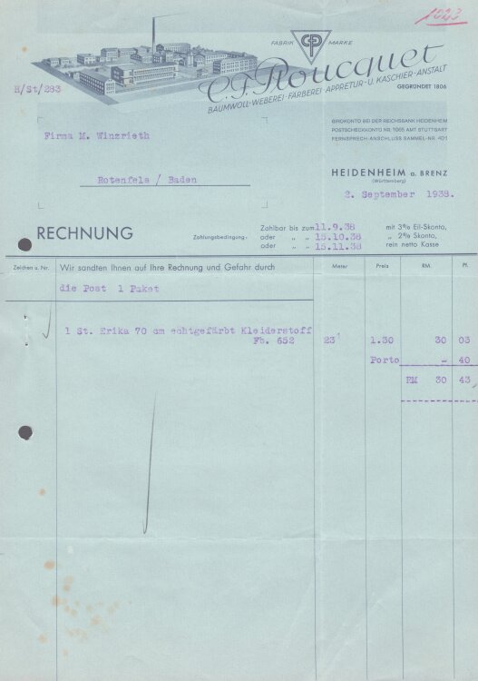 C. F. Ploucquet Baumwoll-Weberei - Rechnung - 02.09.1938