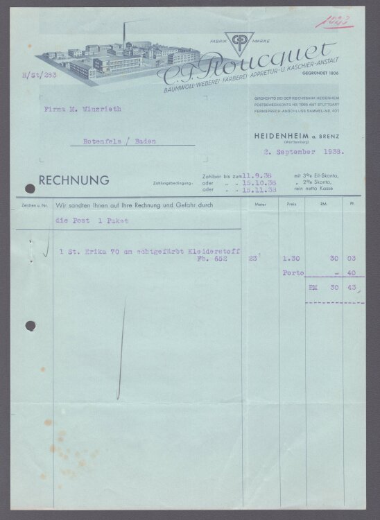 C. F. Ploucquet Baumwoll-Weberei - Rechnung - 02.09.1938