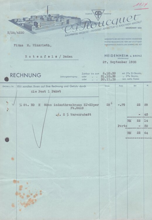 C. F. Ploucquet Baumwoll-Weberei - Rechnung - 27.09.1938