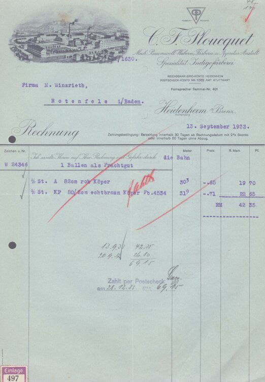 C. F. Ploucquet Baumwoll-Weberei - Rechnung - 13.09.1933