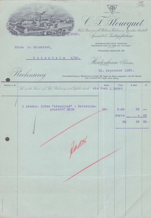 C. F. Ploucquet Baumwoll-Weberei - Rechnung - 20.09.1933