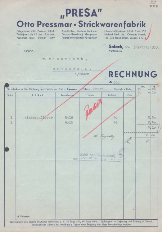 Presa Otto Pressmar Strickwarenfabrik - Rechnung - 30.08.1933