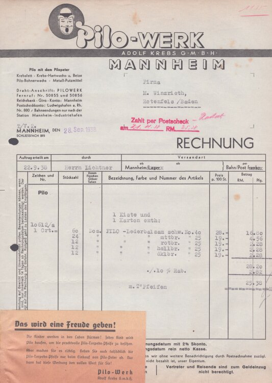 Pilo-WERK Adolf Krebs GmbH - Rechnung - 28.09.1938