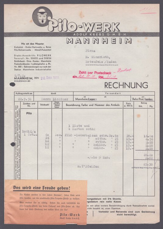 Pilo-WERK Adolf Krebs GmbH - Rechnung - 28.09.1938