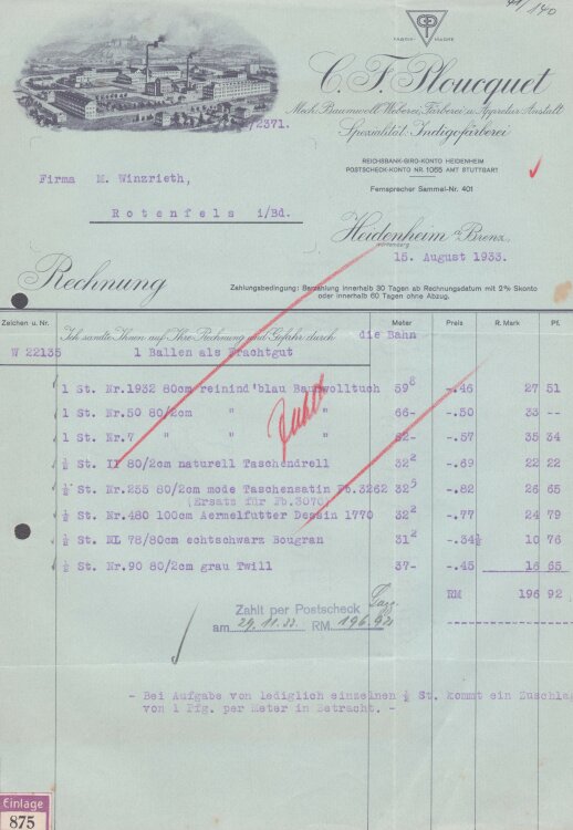 C. F. Ploucquet Baumwoll-Weberei - Rechnung - 15.08.1933