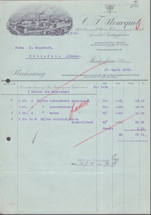 C. F. Ploucquet Baumwoll-Weberei - Rechnung - 13.03.1933