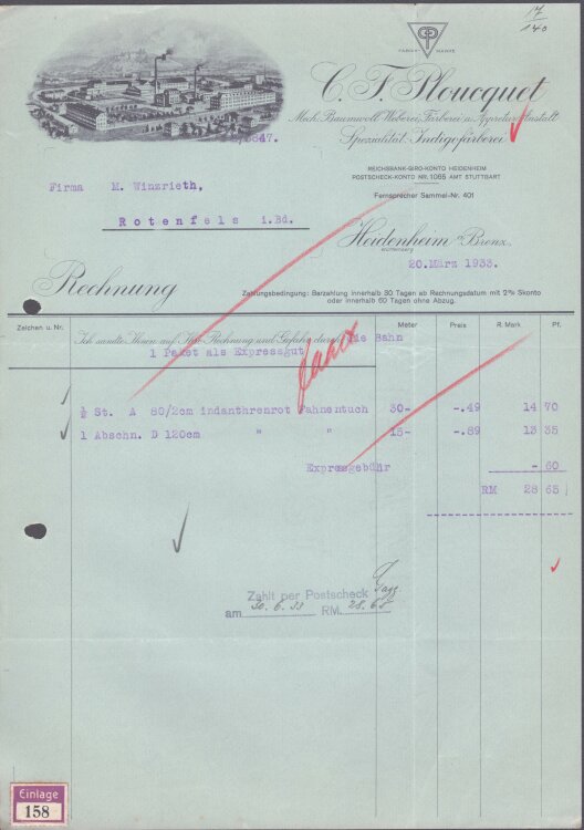 C. F. Ploucquet Baumwoll-Weberei - Rechnung - 20.03.1933