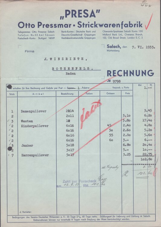 Presa Otto Pressmar Strickwarenfabrik - Rechnung - 07.06.1933