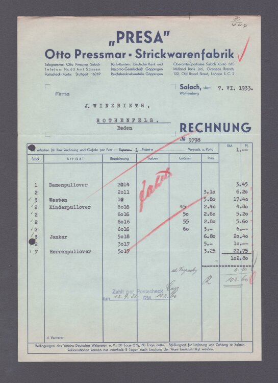 Presa Otto Pressmar Strickwarenfabrik - Rechnung - 07.06.1933