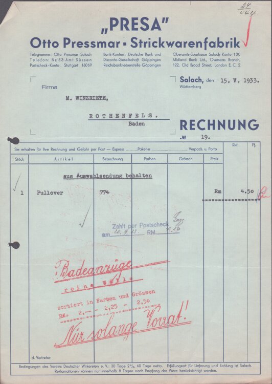 Presa Otto Pressmar Strickwarenfabrik - Rechnung - 15.05.1933