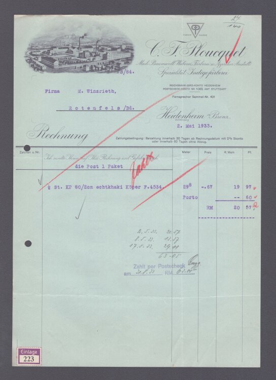 C. F. Ploucquet Baumwoll-Weberei - Rechnung - 02.05.1933