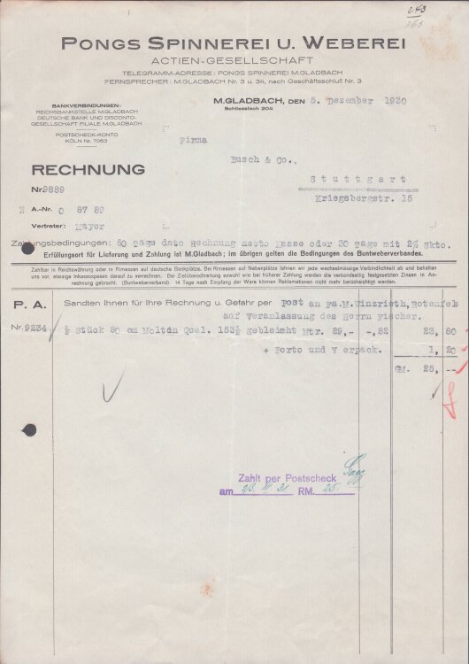 Pongs Spinnerei und Weberei AG - Rechnung - 05.12.1930