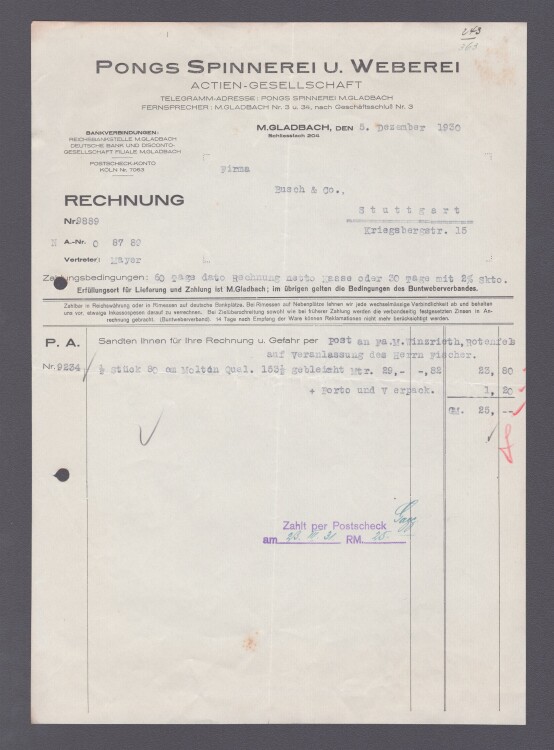 Pongs Spinnerei und Weberei AG - Rechnung - 05.12.1930