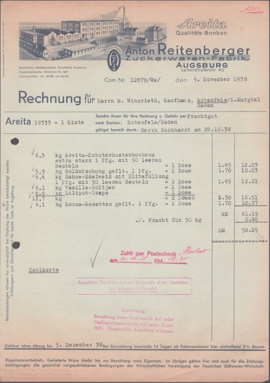 Anton Reitenberger Zuckerwaren-Fabrik - Rechnung - 05.11.1938