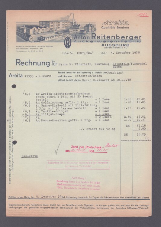 Anton Reitenberger Zuckerwaren-Fabrik - Rechnung - 05.11.1938