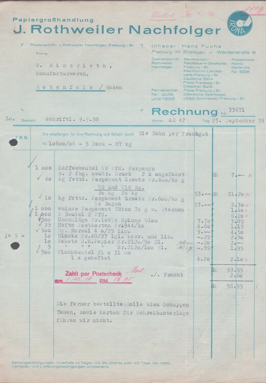 J. Rothweiler Nachfolger Papiergroßhandlung - Rechnung - 23.09.1938