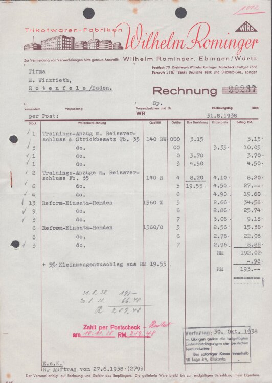 Wilhelm Rominger Ebingen Württemberg - Rechnung - 31.08.1938
