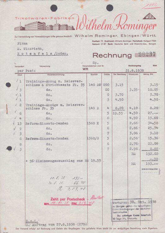 Wilhelm Rominger Ebingen Württemberg - Rechnung -...