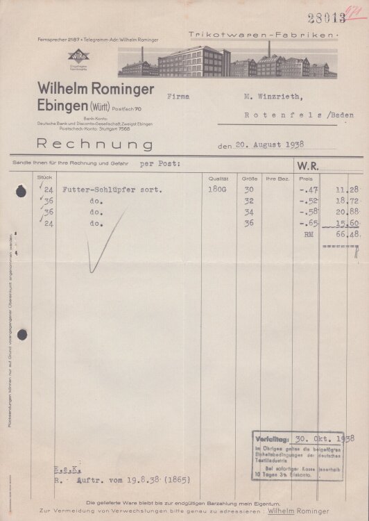 Wilhelm Rominger Ebingen Württemberg - Rechnung - 20.08.1938