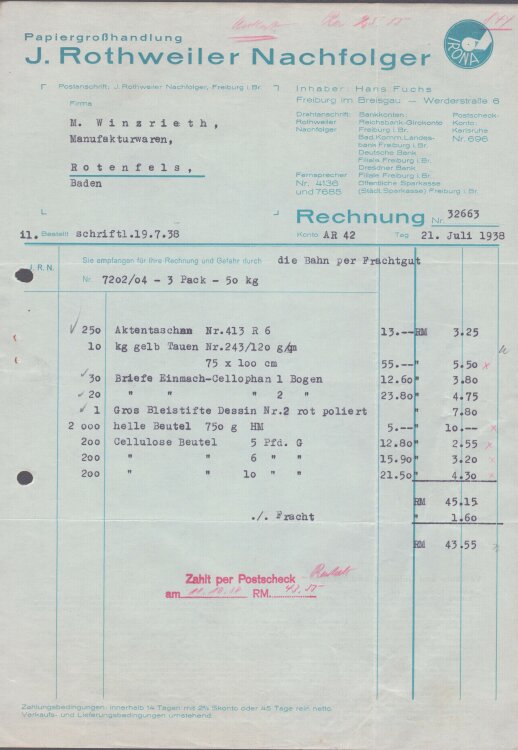 J. Rothweiler Nachfolger Papiergroßhandlung - Rechnung - 21.07.1938