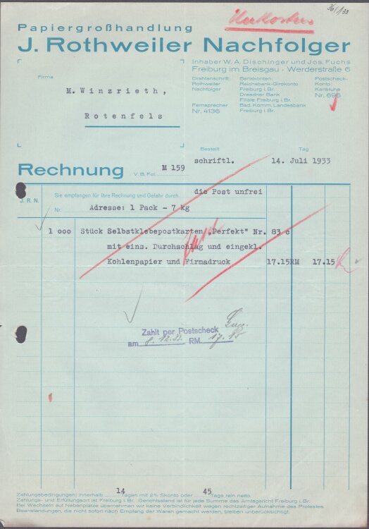 J. Rothweiler Nachfolger Papiergroßhandlung - Rechnung - 14.07.1933