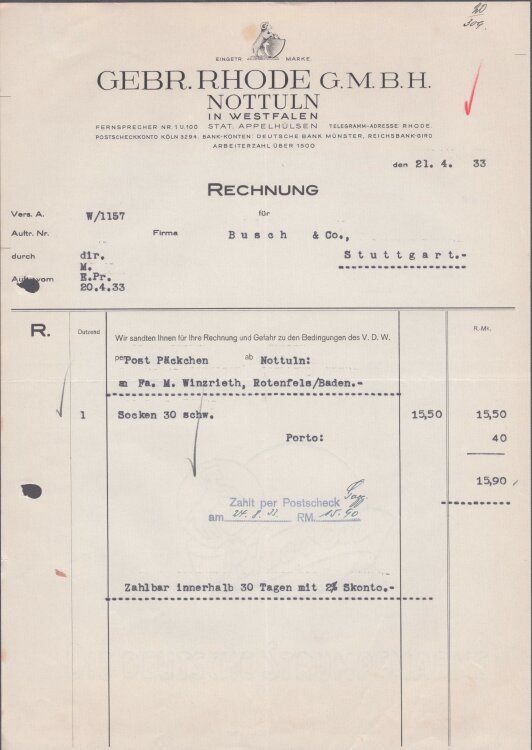 Gebrüder Rhode Nottuln in Westfalen - Rechnung - 21.04.1933