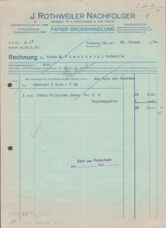 J. Rothweiler Nachfolger Papiergroßhandlung - Rechnung - 25.01.1930
