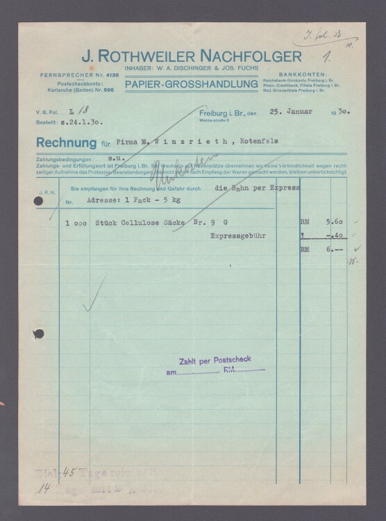 J. Rothweiler Nachfolger Papiergroßhandlung - Rechnung - 25.01.1930