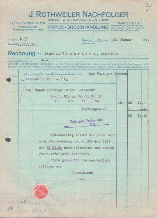 J. Rothweiler Nachfolger Papiergroßhandlung - Rechnung - 24.01.1930