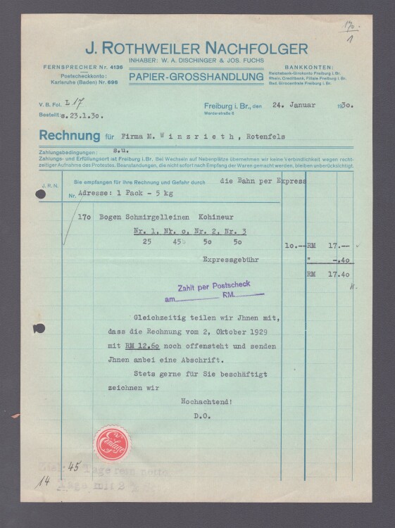J. Rothweiler Nachfolger Papiergroßhandlung - Rechnung - 24.01.1930