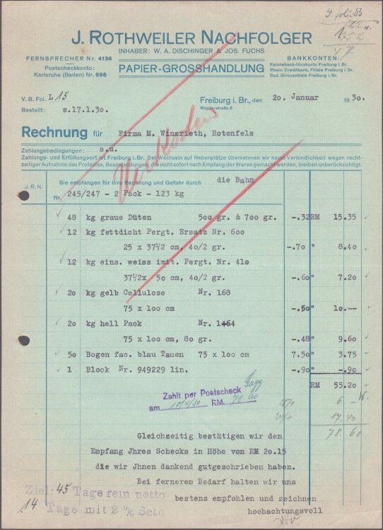 J. Rothweiler Nachfolger Papiergroßhandlung - Rechnung - 20.01.1930