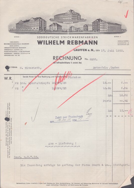 J. Rothweiler Nachfolger Papiergroßhandlung - Rechnung - 17.07.1933