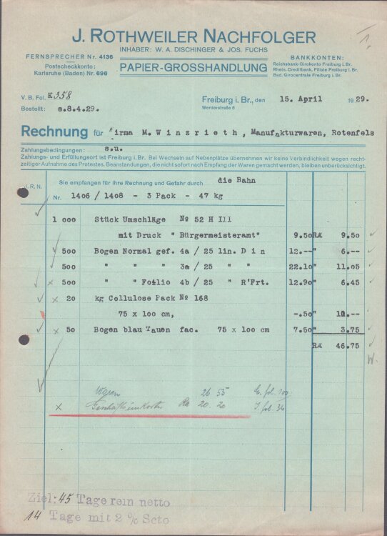 J. Rothweiler Nachfolger Papiergroßhandlung - Rechnung - 15.04.1929