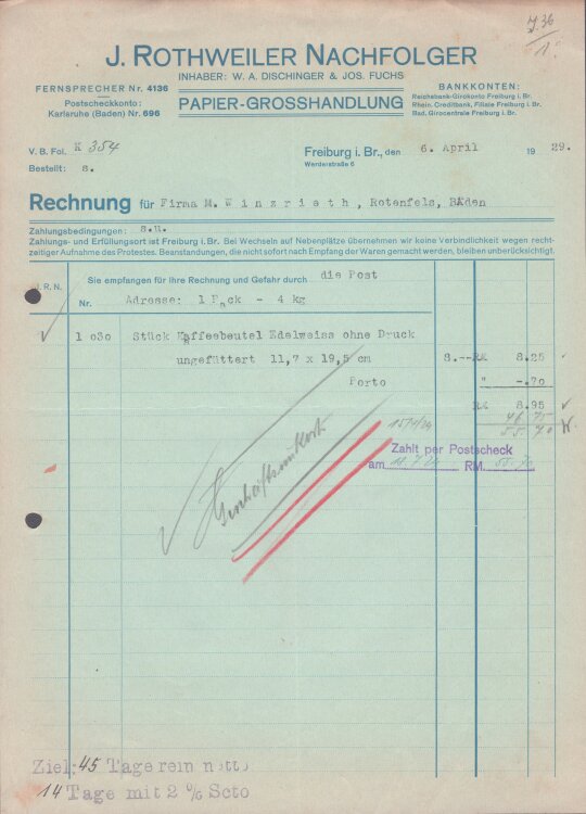 J. Rothweiler Nachfolger Papiergroßhandlung - Rechnung - 06.04.1929