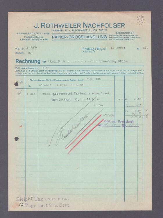 J. Rothweiler Nachfolger Papiergroßhandlung - Rechnung - 06.04.1929