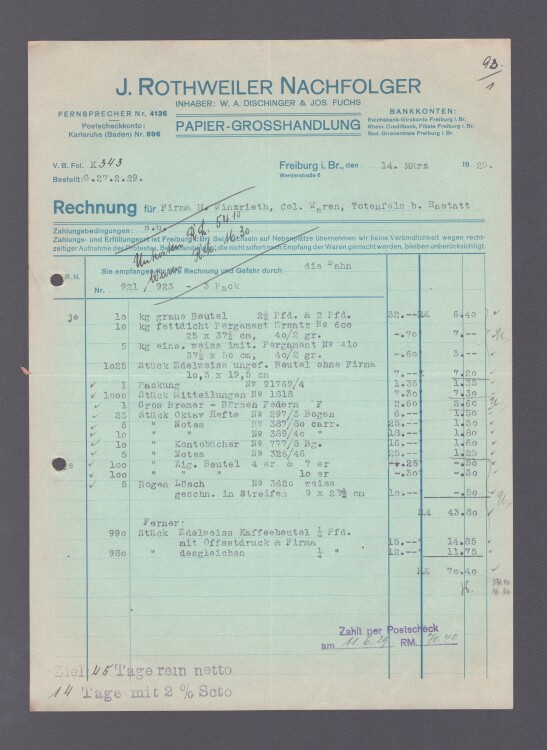 J. Rothweiler Nachfolger Papiergroßhandlung - Rechnung - 14.03.1929