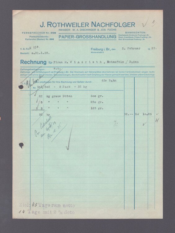 J. Rothweiler Nachfolger Papiergroßhandlung - Rechnung - 02.02.1929