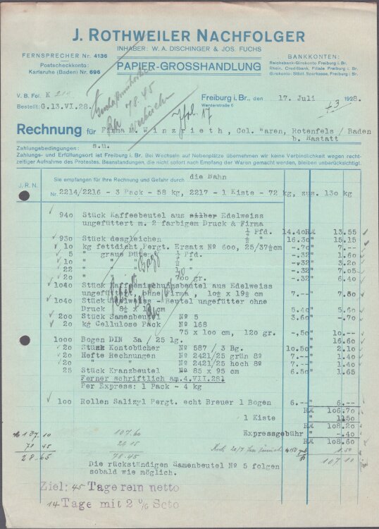 J. Rothweiler Nachfolger Papiergroßhandlung - Rechnung - 17.07.1928