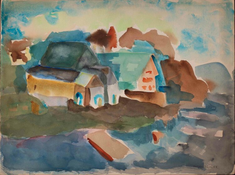 Christa Düll - Flußlandschaft mit Dorf - 1958 - Aquarell