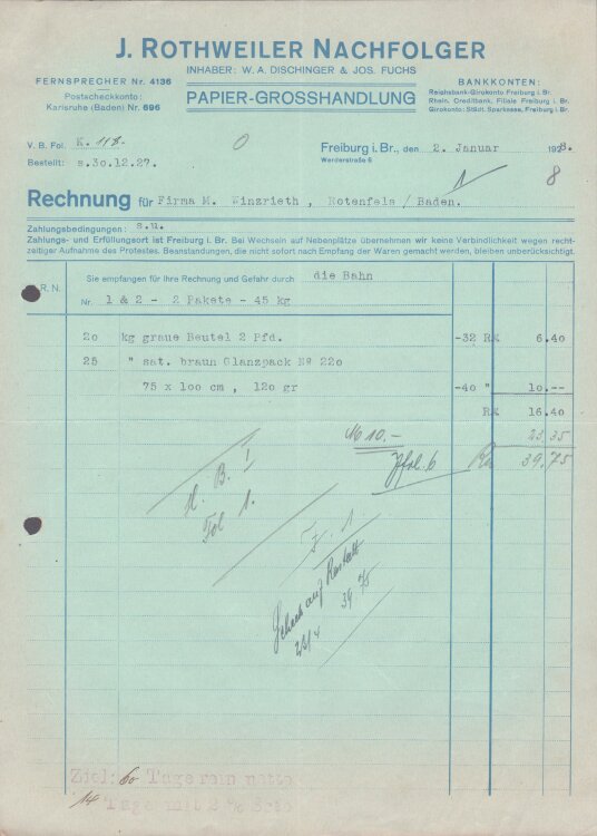 J. Rothweiler Nachfolger Papiergroßhandlung - Rechnung - 02.01.1928