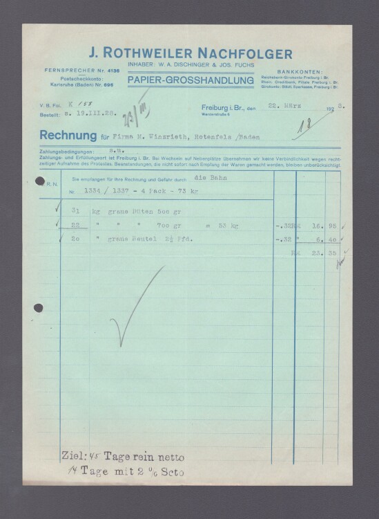 J. Rothweiler Nachfolger Papiergroßhandlung - Rechnung - 22.03.1928
