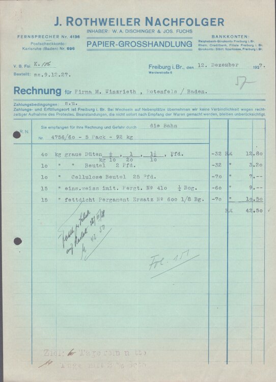 J. Rothweiler Nachfolger Papiergroßhandlung - Rechnung - 12.12.1927