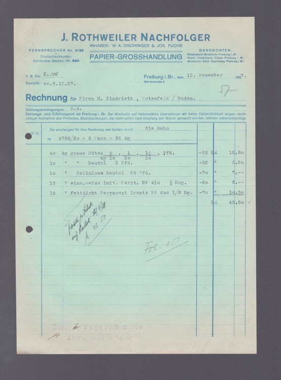 J. Rothweiler Nachfolger Papiergroßhandlung - Rechnung - 12.12.1927