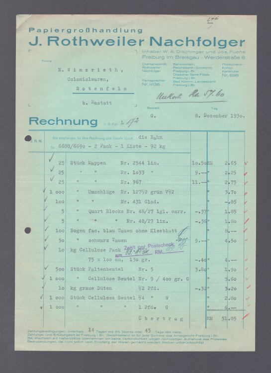 J. Rothweiler Nachfolger Papiergroßhandlung - Rechnung - 08.12.1930